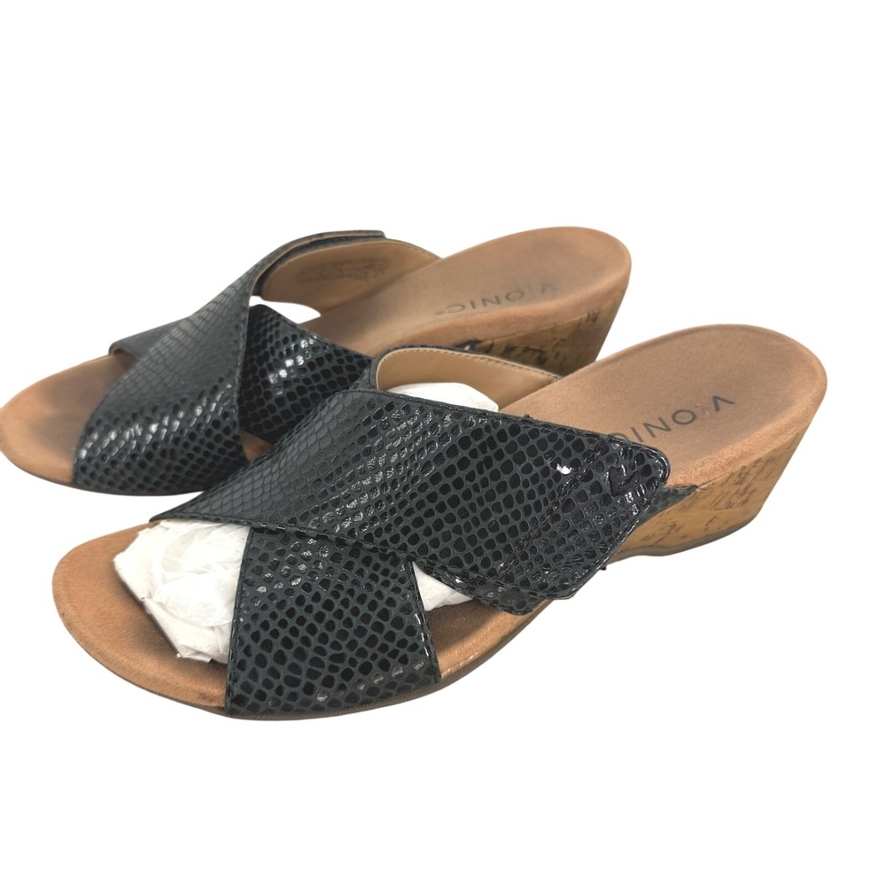 Vionic Leticia Black Lizard Embossed Leather Cork Wedge Sandals Womens 8 Comfort